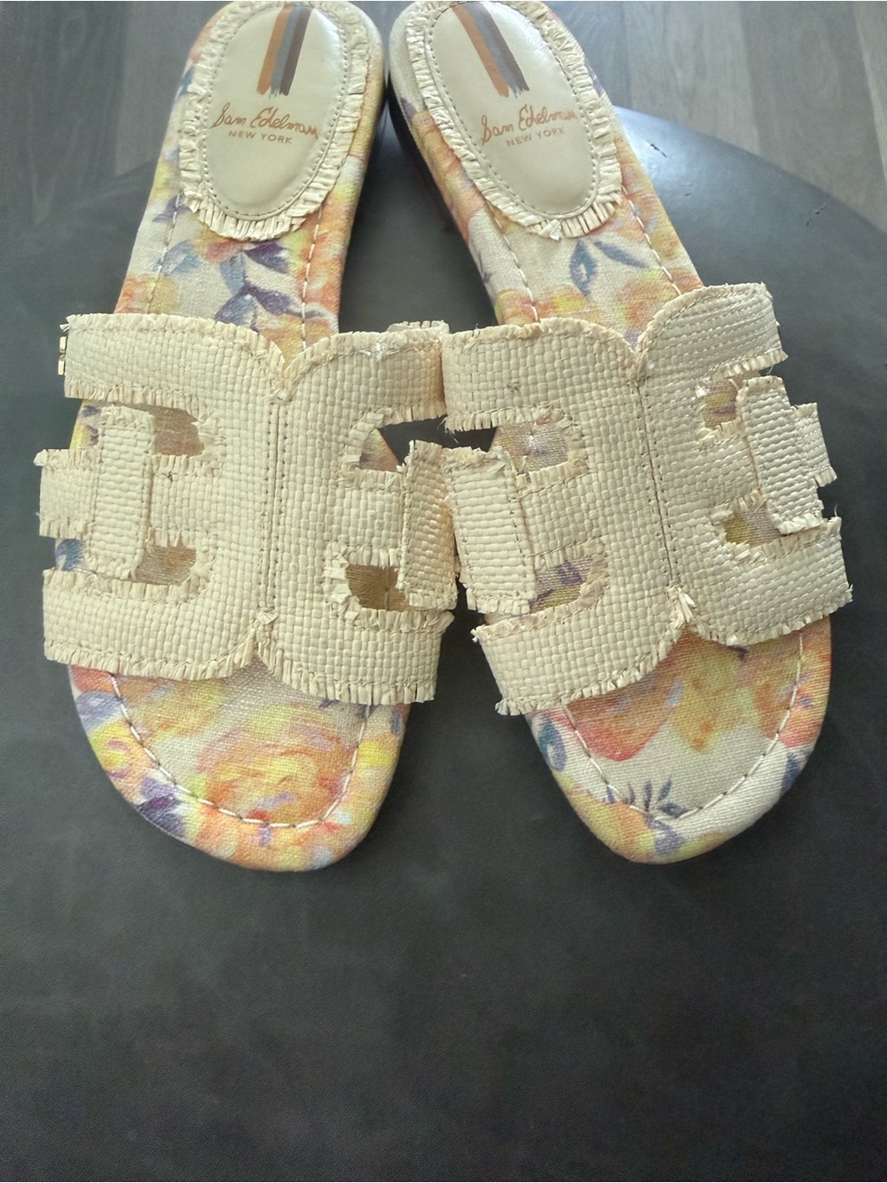 Sam Edelman Cream Woven Slide Sandals with Floral Insole